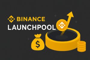 Illustrazione Binance Launchpool con logo Binance, monete in crescita e simbolo dello staking crypto